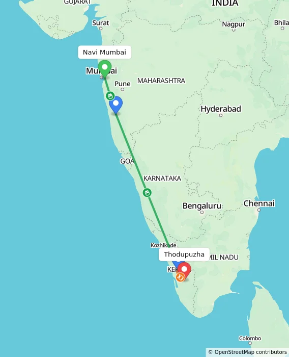 Route map showing distance and travel time from Navi Mumbai, India to Thodupuzha, India