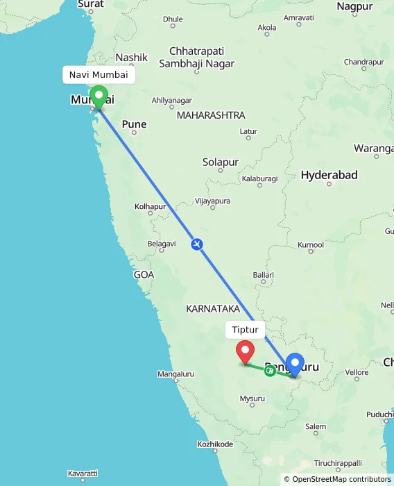 Route map showing distance and travel time from Navi Mumbai, India to Tiptur, India