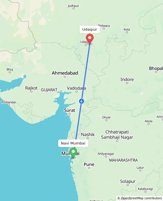 Route map showing distance and travel time from Navi Mumbai, India to Udaipur, India