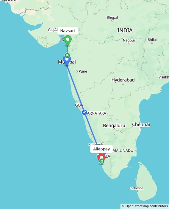 Route map showing distance and travel time from Navsari, India to Alappuzha, India