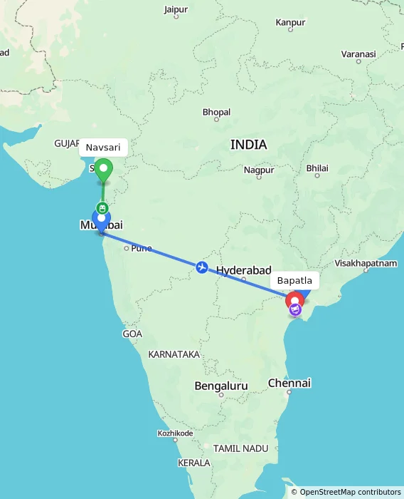 Route map showing distance and travel time from Navsari, India to Bapatla, India