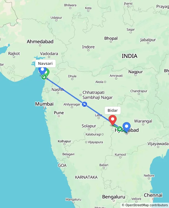 Route map showing distance and travel time from Navsari, India to Bidar, India