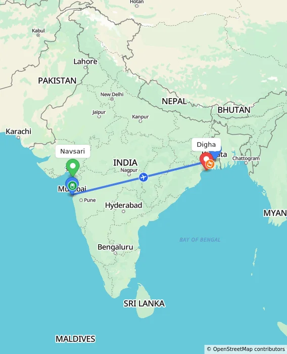 Route map showing distance and travel time from Navsari, India to Digha, India