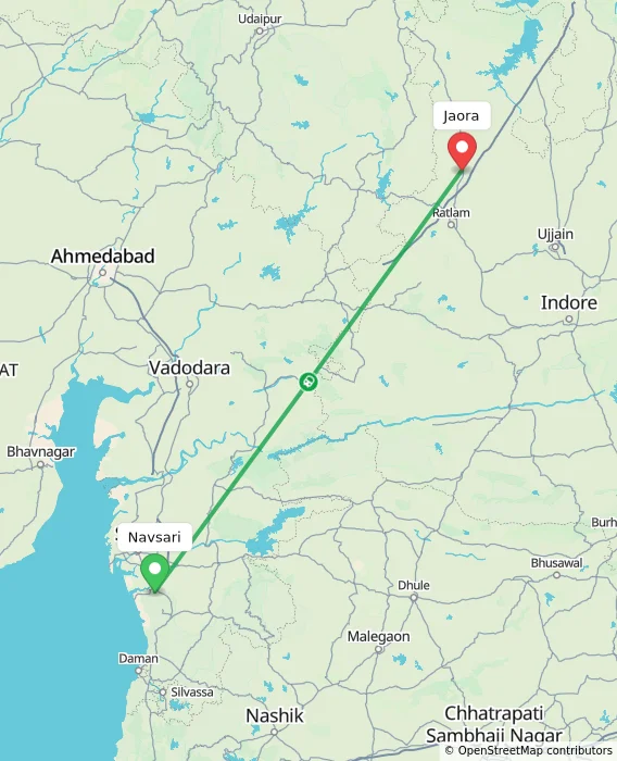 Route map showing distance and travel time from Navsari, India to Jaora, India