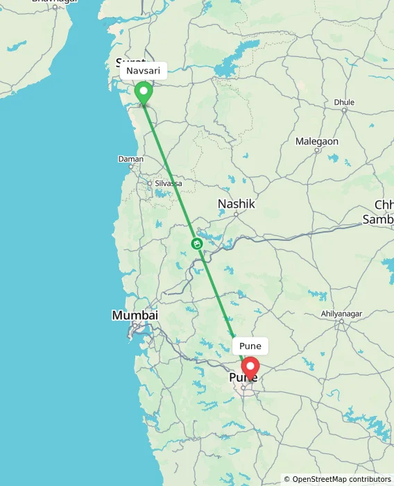 Route map showing distance and travel time from Navsari, India to Pune, India