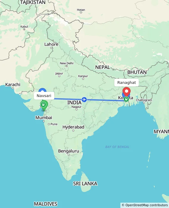 Route map showing distance and travel time from Navsari, India to Ranaghat, India