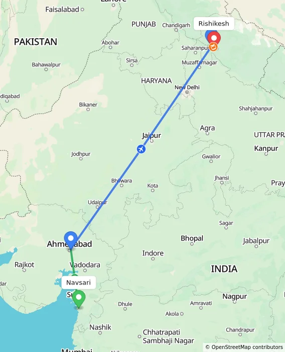 Route map showing distance and travel time from Navsari, India to Rishikesh, India
