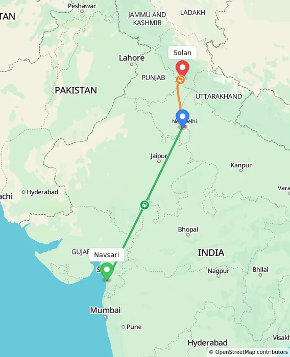 Route map showing distance and travel time from Navsari, India to Solan, India