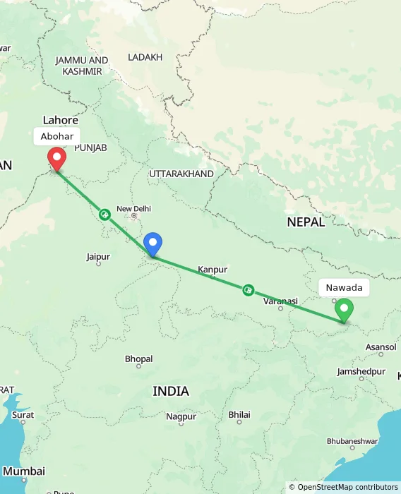Route map showing distance and travel time from Nawada, India to Abohar, India