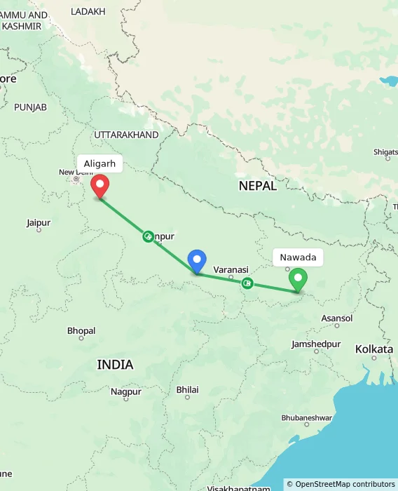 Route map showing distance and travel time from Nawada, India to Aligarh, India
