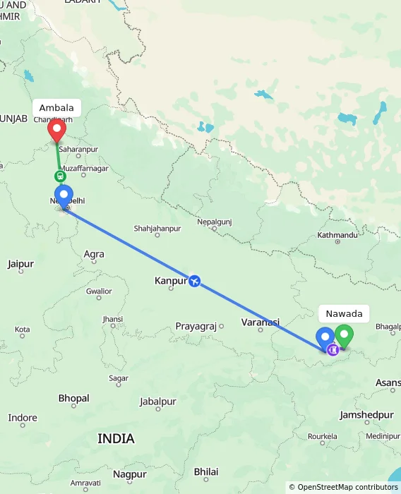 Route map showing distance and travel time from Nawada, India to Ambala, India