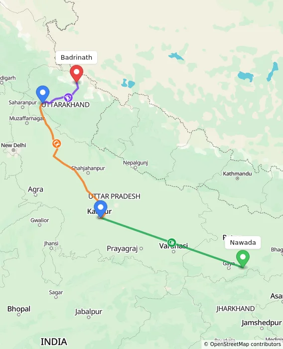Route map showing distance and travel time from Nawada, India to Badrinath, India