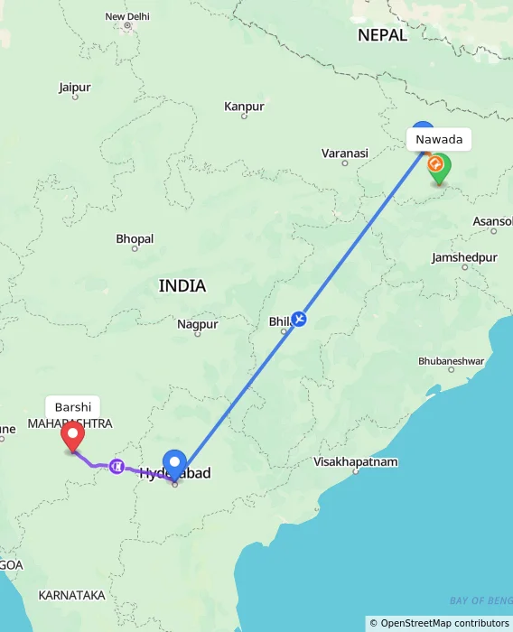 Route map showing distance and travel time from Nawada, India to Barshi, India