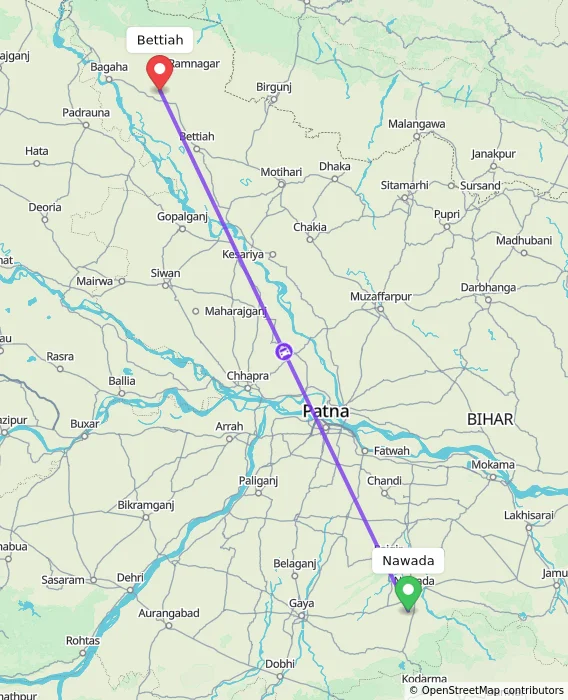 Route map showing distance and travel time from Nawada, India to Bettiah, India