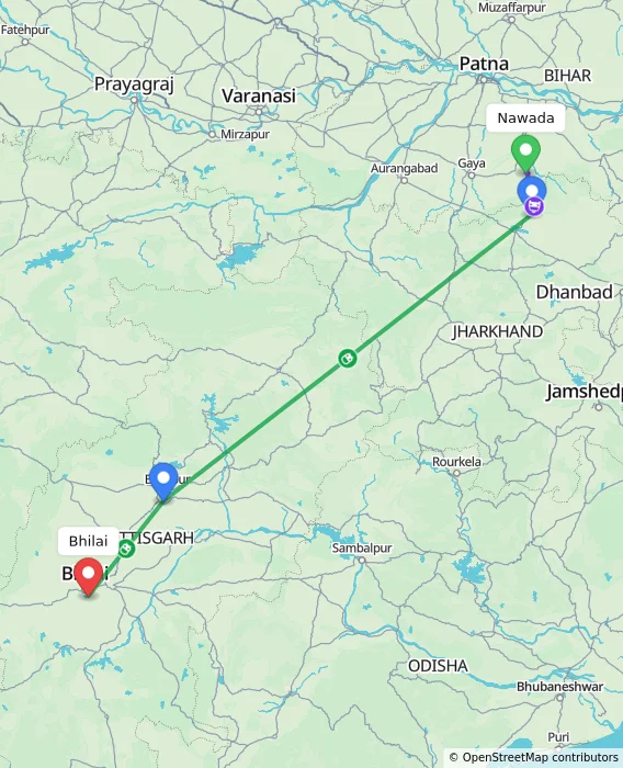 Route map showing distance and travel time from Nawada, India to Bhilai, India