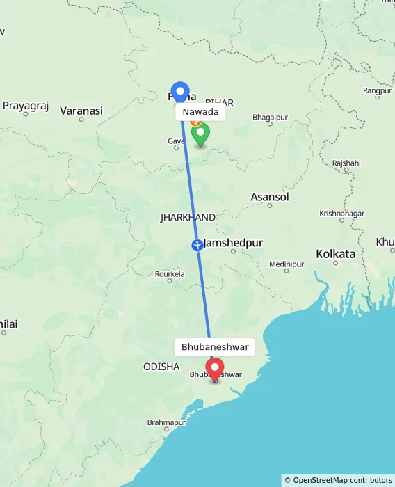 Route map showing distance and travel time from Nawada, India to Bhubaneshwar, India