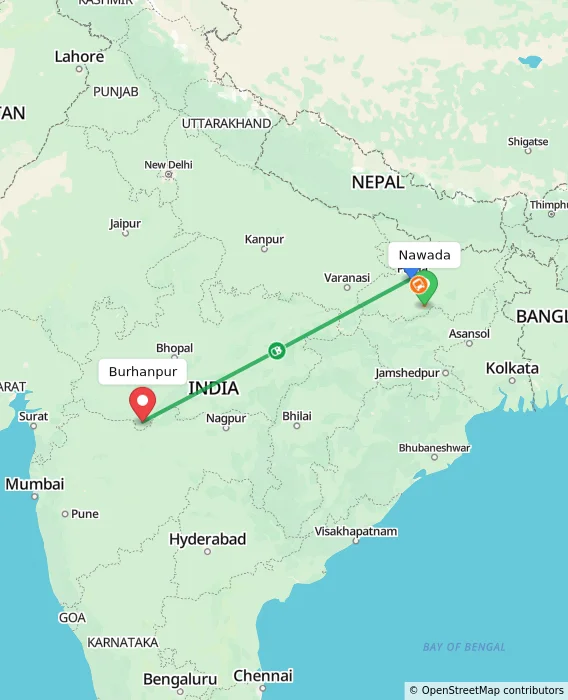 Route map showing distance and travel time from Nawada, India to Burhanpur, India