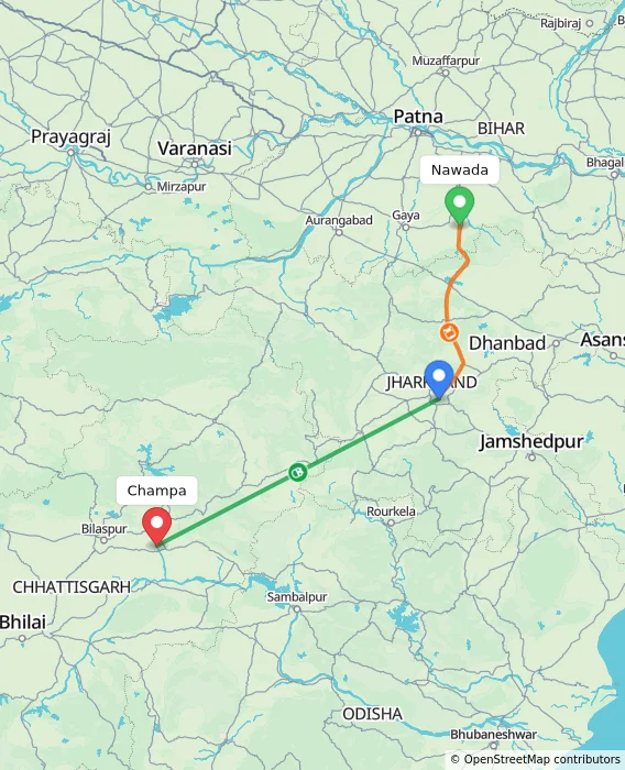 Route map showing distance and travel time from Nawada, India to Champa, India