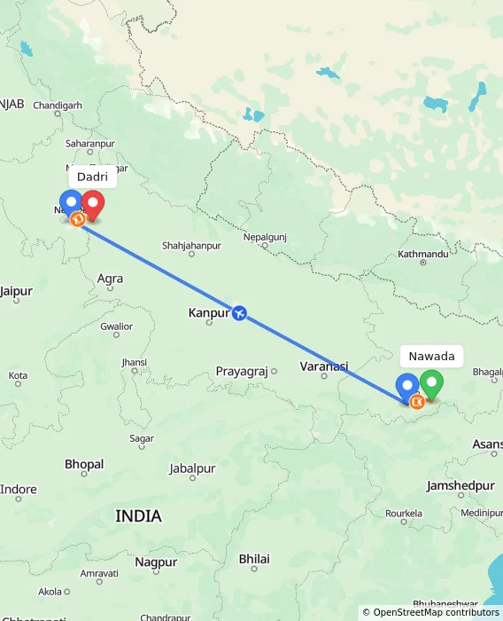 Route map showing distance and travel time from Nawada, India to Dadri, India