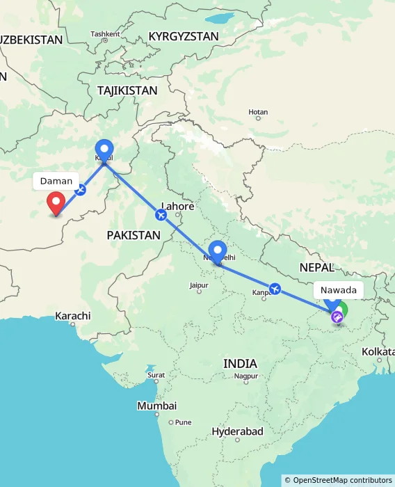 Route map showing distance and travel time from Nawada, India to Daman, Afghanistan