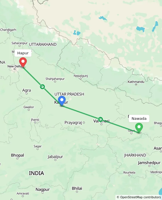 Route map showing distance and travel time from Nawada, India to Hapur, India