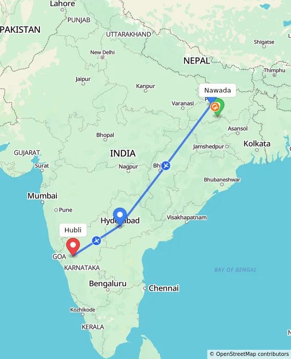 Route map showing distance and travel time from Nawada, India to Hubli, India
