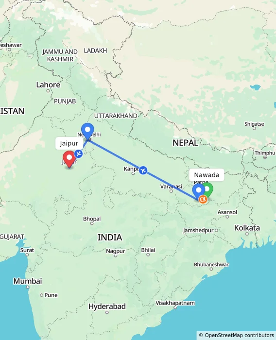 Route map showing distance and travel time from Nawada, India to Jaipur, India