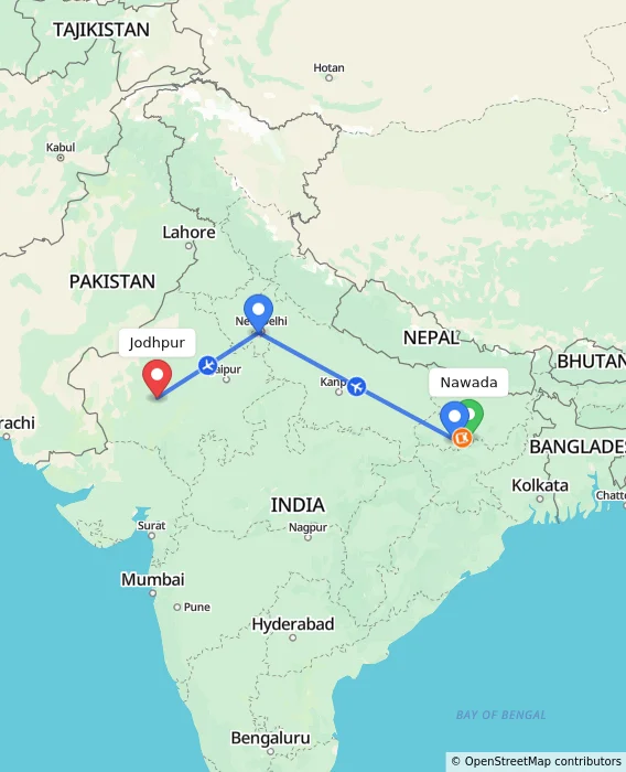 Route map showing distance and travel time from Nawada, India to Jodhpur, India
