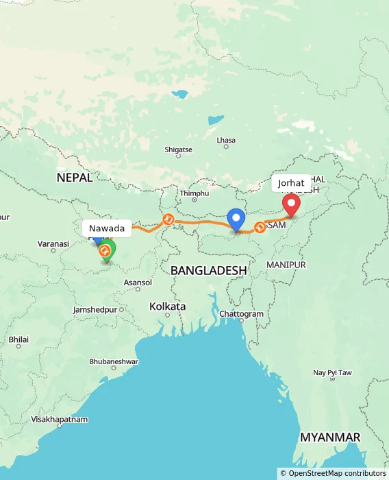Route map showing distance and travel time from Nawada, India to Jorhat, India
