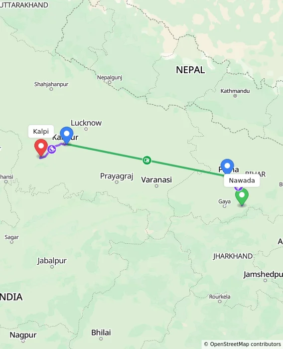 Route map showing distance and travel time from Nawada, India to Kalpi, India