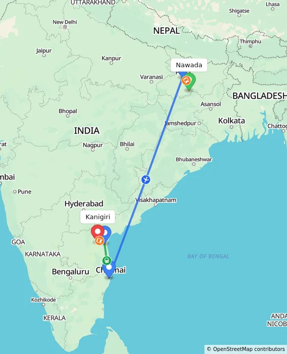 Route map showing distance and travel time from Nawada, India to Kanigiri, India