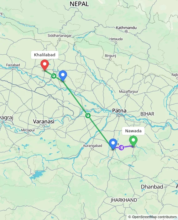 Route map showing distance and travel time from Nawada, India to Khalilabad, India