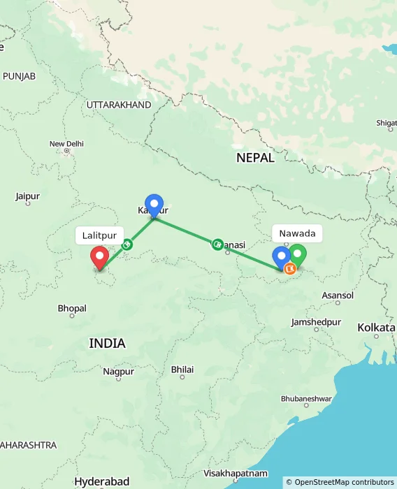 Route map showing distance and travel time from Nawada, India to Lalitpur, India