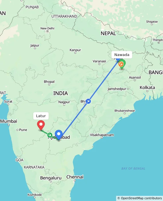 Route map showing distance and travel time from Nawada, India to Latur, India