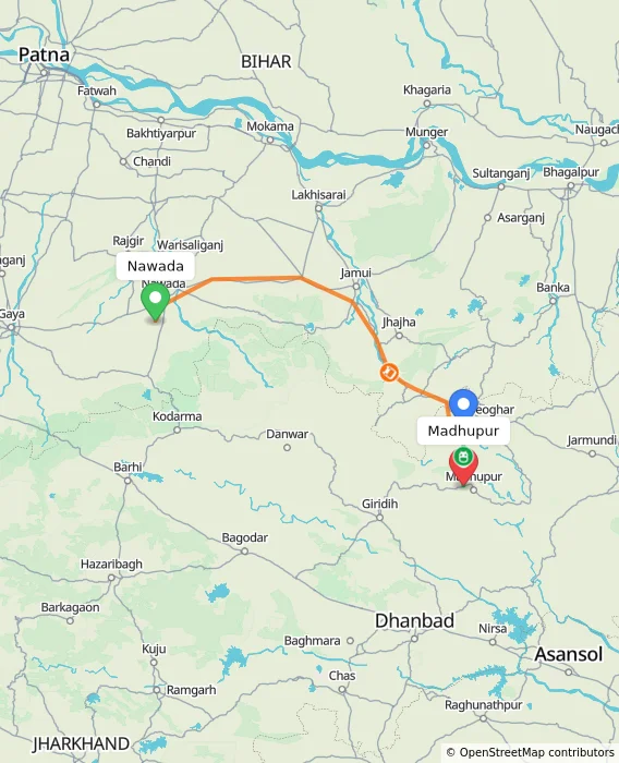 Route map showing distance and travel time from Nawada, India to Madhupur, India