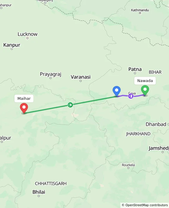 Route map showing distance and travel time from Nawada, India to Maihar, India