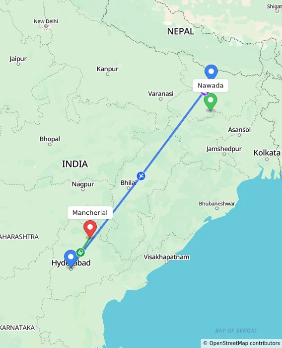 Route map showing distance and travel time from Nawada, India to Mancherial, India