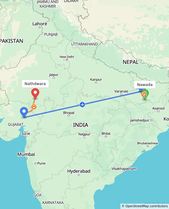 Route map showing distance and travel time from Nawada, India to Nathdwara, India