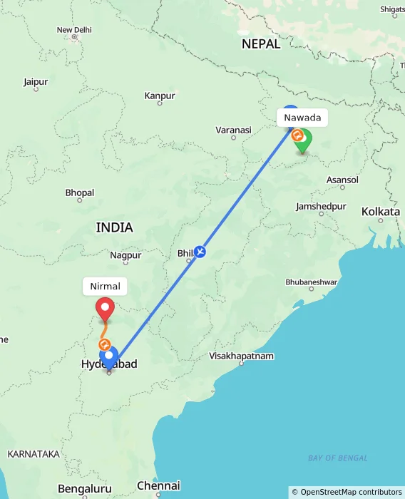 Route map showing distance and travel time from Nawada, India to Nirmal, India