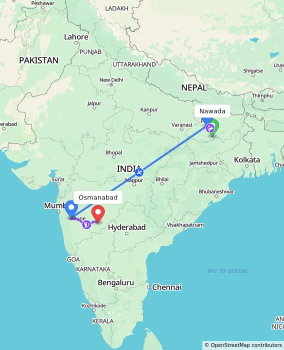 Route map showing distance and travel time from Nawada, India to Osmanabad, India