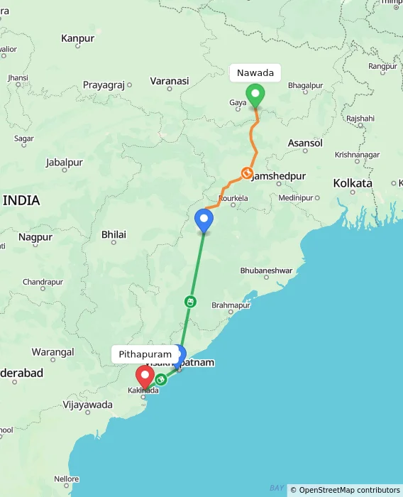 Route map showing distance and travel time from Nawada, India to Pithapuram, India
