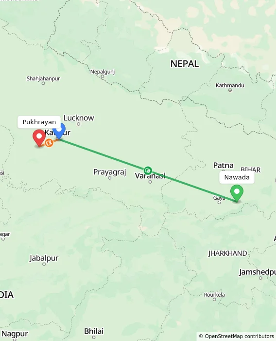 Route map showing distance and travel time from Nawada, India to Pukhrayan, India