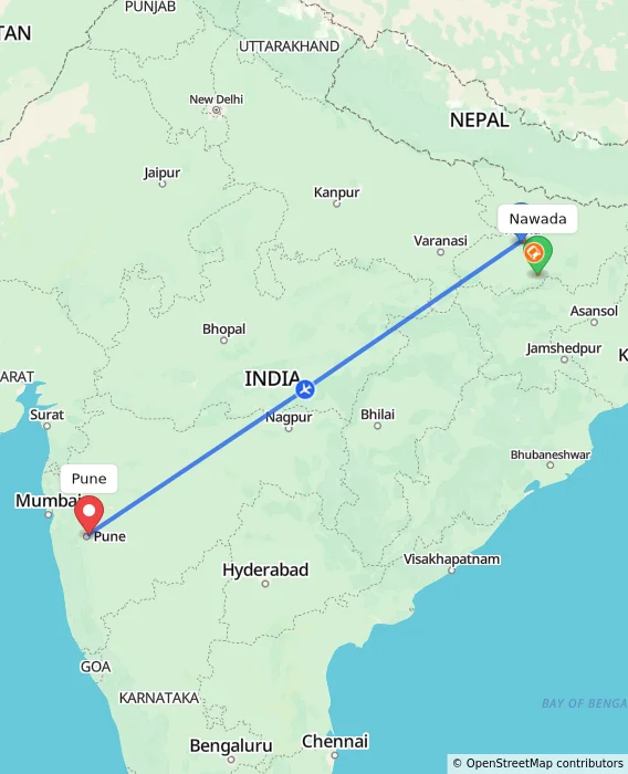 Route map showing distance and travel time from Nawada, India to Pune, India