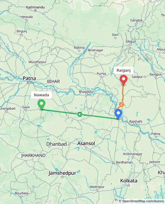 Route map showing distance and travel time from Nawada, India to Raiganj, India