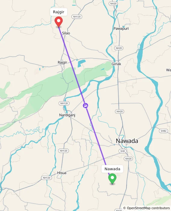 Route map showing distance and travel time from Nawada, India to Rajgir, India