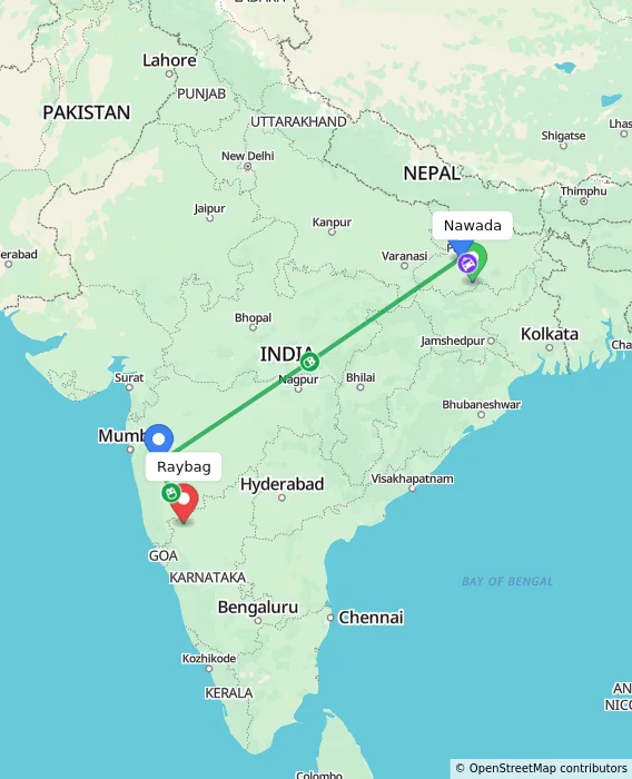 Route map showing distance and travel time from Nawada, India to Raybag, India
