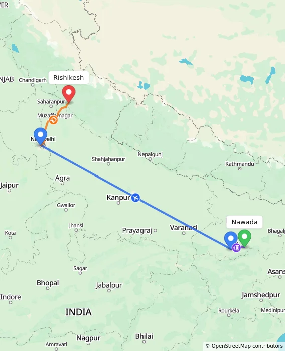 Route map showing distance and travel time from Nawada, India to Rishikesh, India