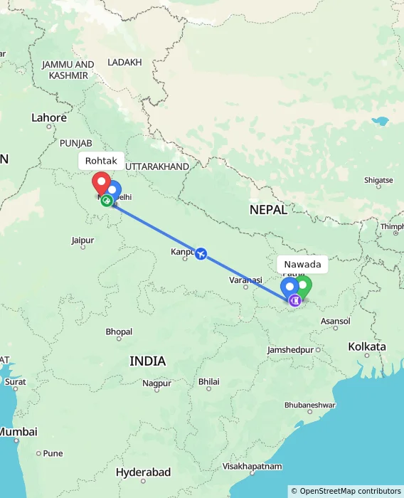 Route map showing distance and travel time from Nawada, India to Rohtak, India