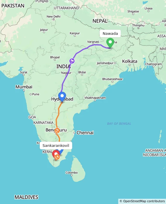 Route map showing distance and travel time from Nawada, India to Sankarankovil, India