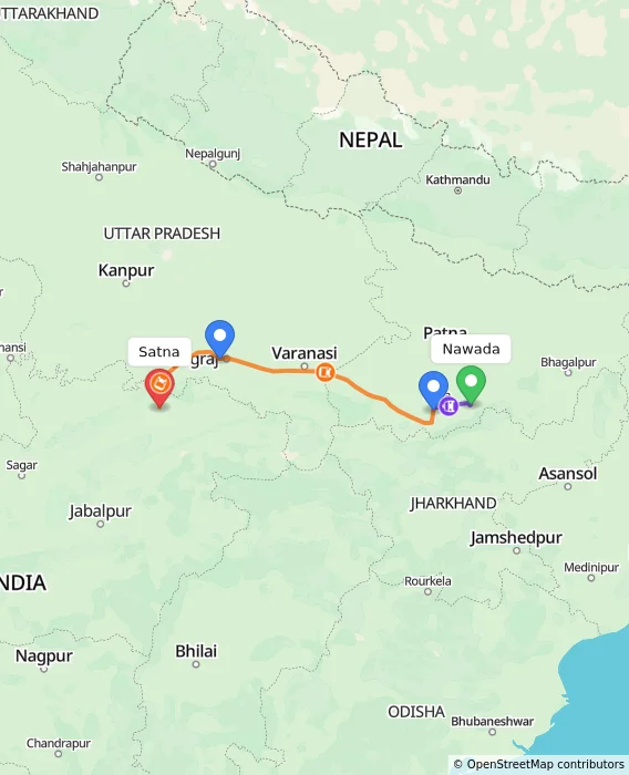 Route map showing distance and travel time from Nawada, India to Satna, India